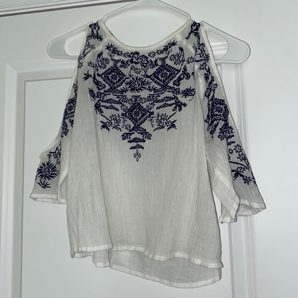 H&M COACHELLA official collection white with blue accents shirt. Size 6.